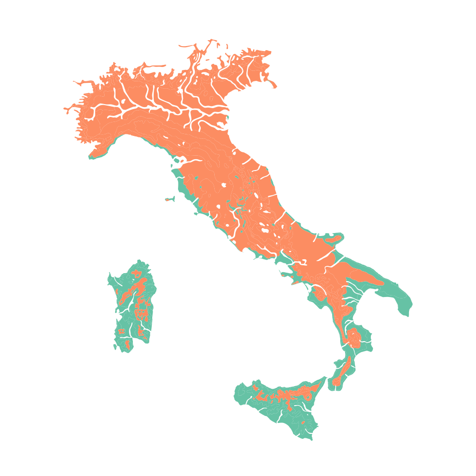 **Fig 1**. Mediterranean and Nemoral Biomes of Italy (Mucina et al., 2023). The Mediterranean Biome is shaded green, while the Nemoral Biome is shaded in orange.